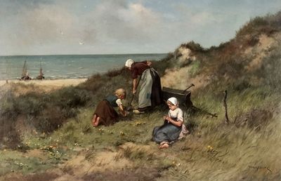 un tableau représentant une femme et deux enfants sur la plage