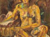 un tableau représentant une femme assise sur un canapé, les jambes croisées