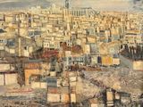 peinture d'une vue d'une ville avec une tour d'horloge au loin