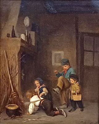 a painting of a group of children playing in a room