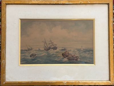 painting of a ship in rough water with a boat in the background