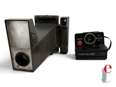 a polaroid camera and an old camera on a white background