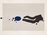 a black and blue drawing of a hand reaching for a blue object