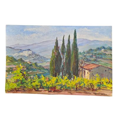 une image d'un tableau représentant un paysage avec des arbres et une maison
