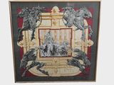 painting of four horses and a man in a cage on a white background
