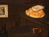 a painting of bread on a table next to a bottle of beer