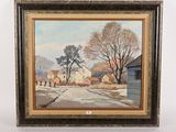 un tableau représentant une scène de village avec une calèche