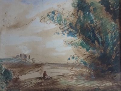 une peinture représentant un homme à cheval dans un champ