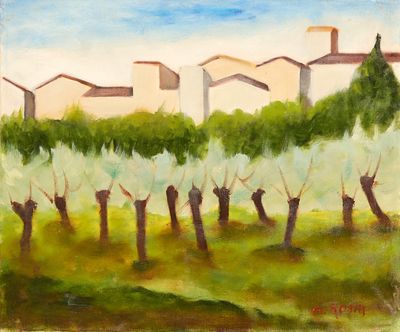 une peinture à l'huile représentant une rangée d'arbres devant un bâtiment