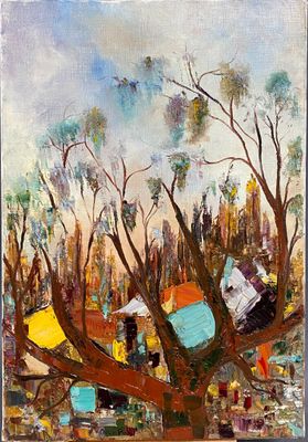 an oil painting of a group of people sitting in a tree