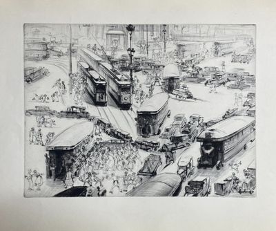 drawing of a train station with a lot of people on the tracks
