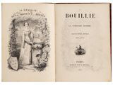 un livre ouvert sur lequel figure l'image d'une femme en robe blanche