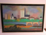 tableau représentant une vue de ville avec un pont au premier plan