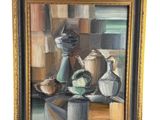 une peinture à l'huile représentant un vase et d'autres objets posés sur une table