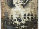 painting of a woman playing a violin in front of a group of people