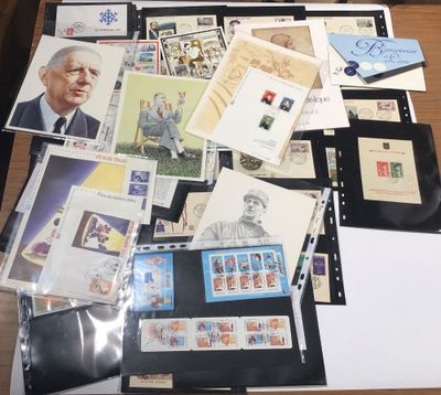 a table with a lot of stamps on it