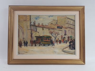 peinture à l'huile encadrée représentant une scène de rue avec un tramway au premier plan