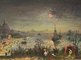 painting of a painting of people on a beach with a ship in the background