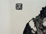 a black and white drawing of a cat sitting on a wall