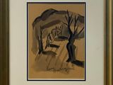 painting of a man sitting under a tree in a field