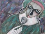 tableau représentant une femme portant un chapeau vert et des lunettes, tenant une cuillère
