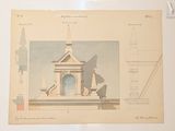 a drawing of a building with a clock on it