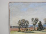 an oil painting of a field with trees and a house in the distance