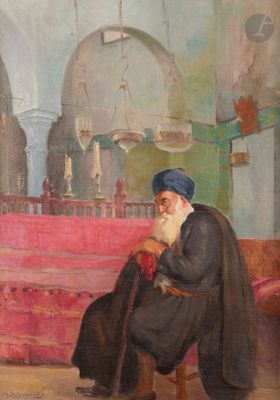 painting of an old man sitting on a bench in a room