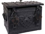 an old wooden box with a lock on it