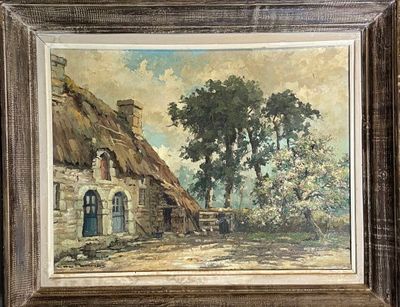 une peinture à l'huile représentant une maison au toit de chaume avec un arbre au premier plan