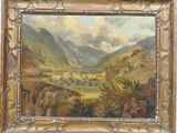 an oil painting of a mountain scene with a valley in the foreground