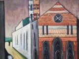 une peinture représentant un bâtiment sur lequel figure une horloge
