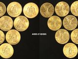 two images of a bunch of gold coins on a black background