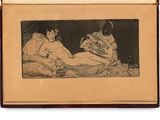 drawing of two women sitting on a bed in a room
