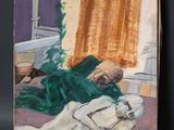 une peinture à l'huile représentant une femme allongée sur un lit près d'une fenêtre