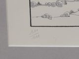 a black and white drawing of a snowy landscape