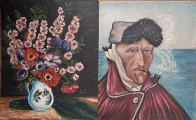 painting of a man smoking a pipe next to a vase of flowers