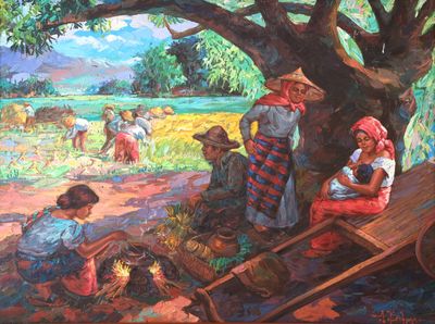 une peinture représentant un groupe de personnes assises sous un arbre