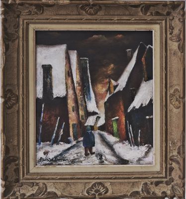 an image of a painting of a person walking down a snowy street