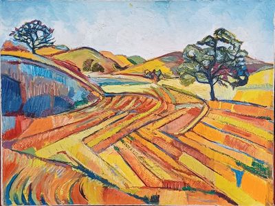 an image of a painting of a field with a tree in the distance