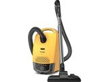 un aspirateur jaune avec une poignée noire sur fond blanc