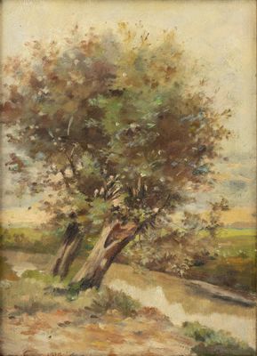 a painting of a tree in a field with a river in the background