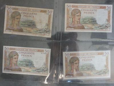 quatre billets de banque différents dans une vitrine sur laquelle figure l'image d'une femme
