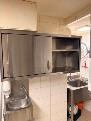 a kitchen with a sink and a microwave in it
