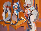 painting of three nudes on a wall with orange and blue colors