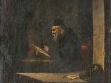 un tableau représentant un homme assis à une table en train de lire un livre