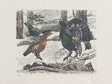 painting of a group of birds in the snow near a tree