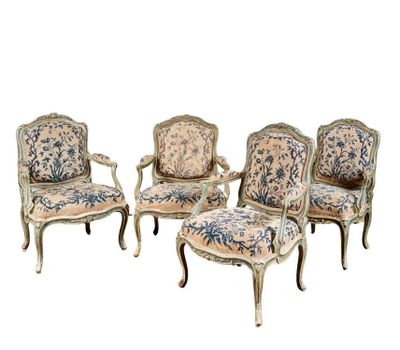 set of four french louis xv style painted armchairs with floral upholstered upholstered cushions