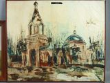 a painting of a church with a clock tower on it