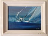 a painting of a man on a surfboard riding a wave